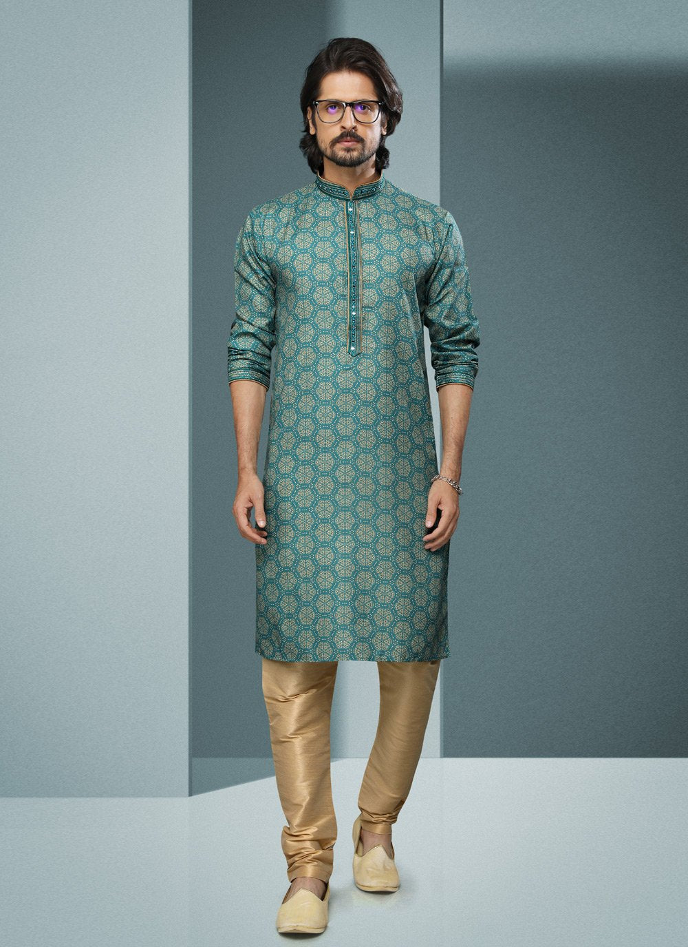 Kurta Pyjama Handloom Cotton Green Digital Print Mens