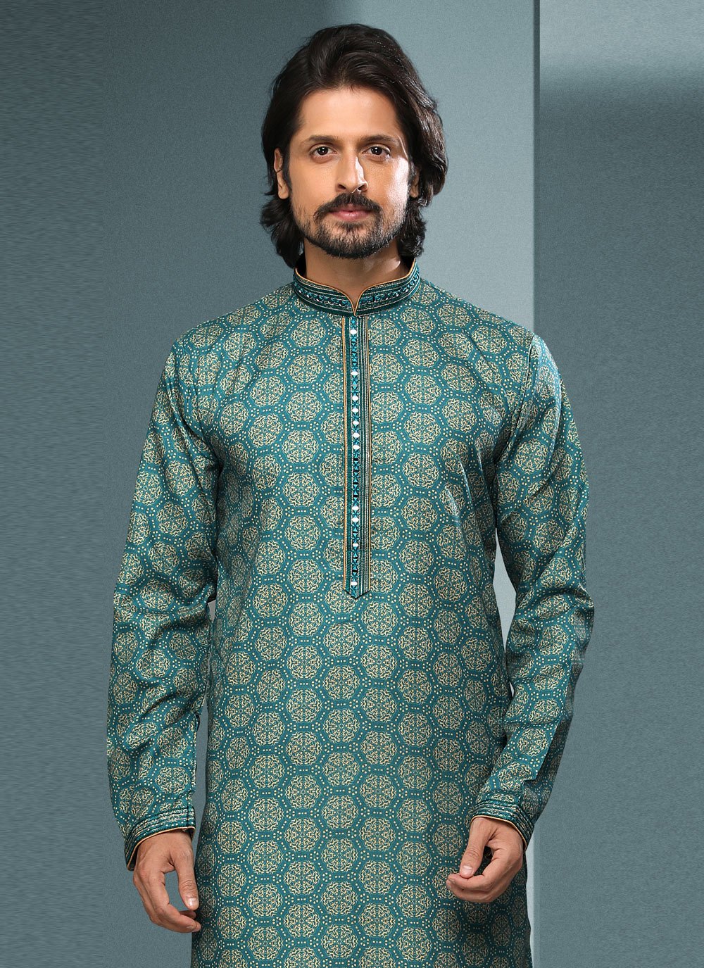 Kurta Pyjama Handloom Cotton Green Digital Print Mens