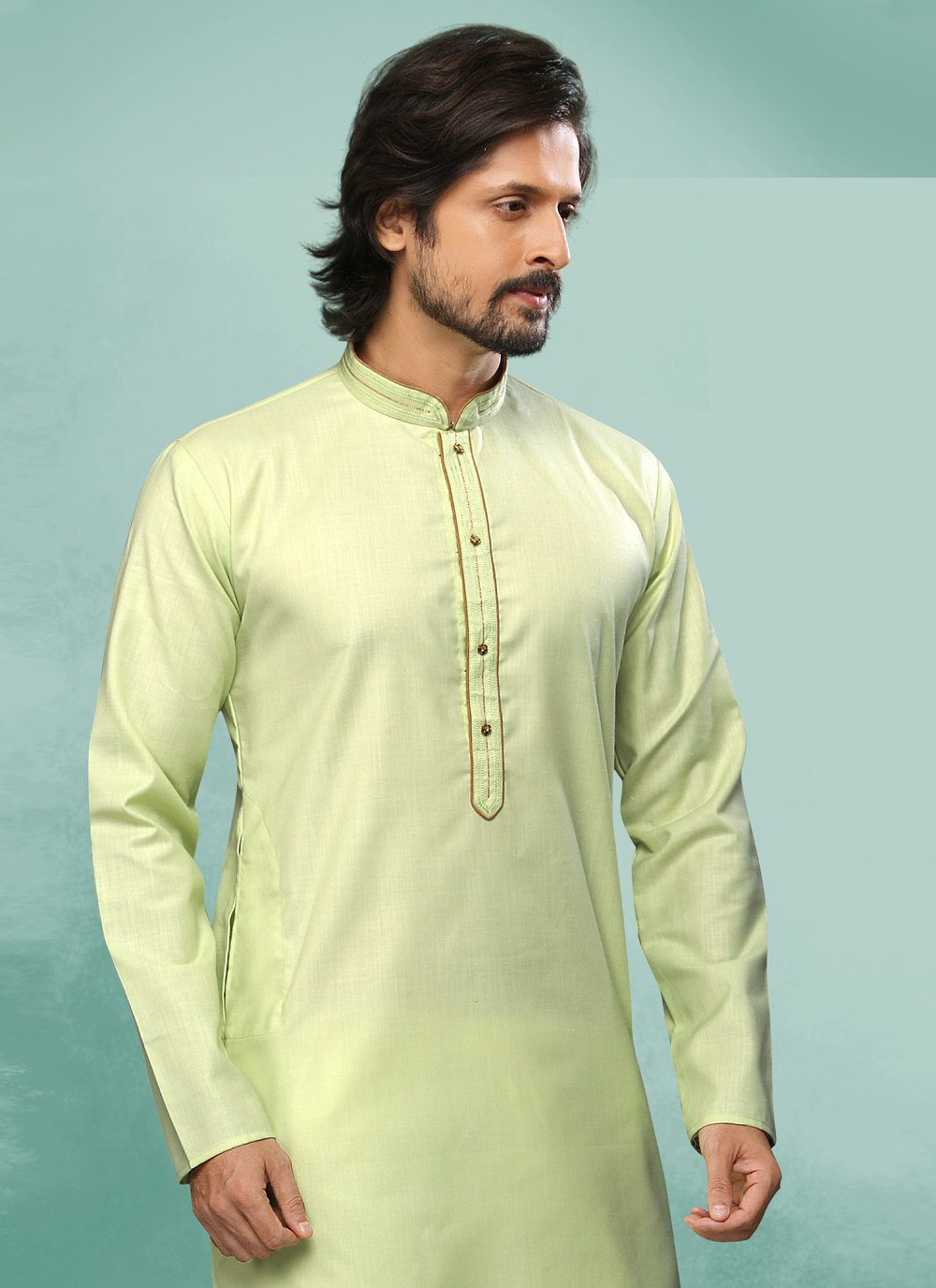 Kurta Pyjama Handloom Cotton Green Embroidered Mens