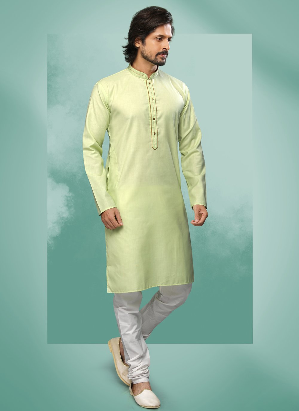 Kurta Pyjama Handloom Cotton Green Embroidered Mens