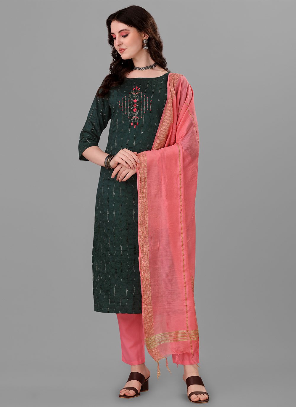 Pant Style Suit Handloom Cotton Green Embroidered Salwar Kameez