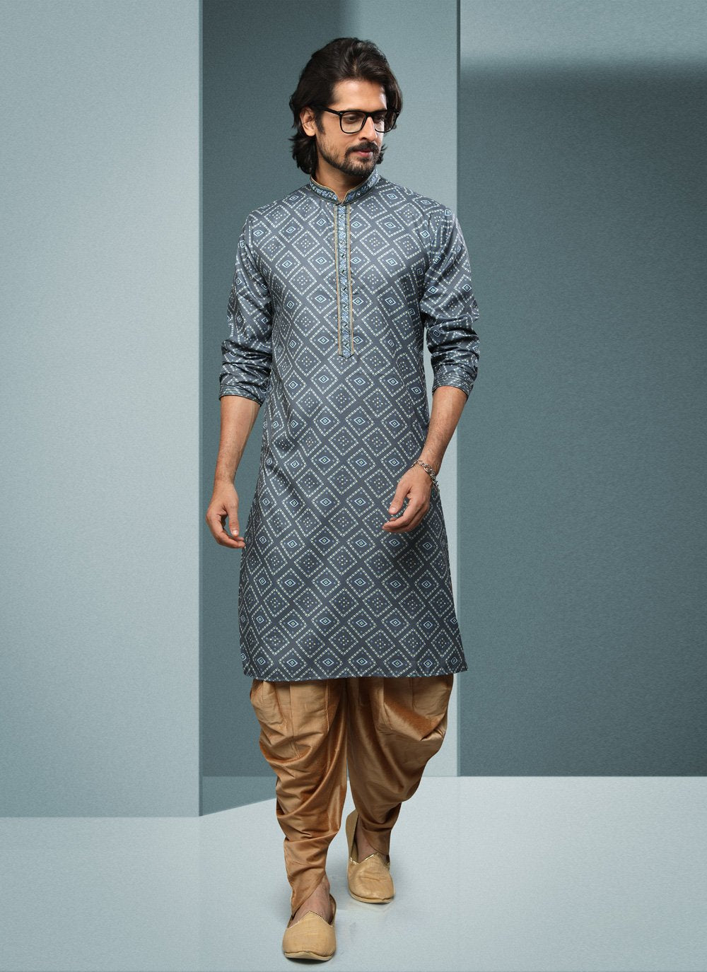 Dhoti Kurta Handloom Cotton Grey Digital Print Mens