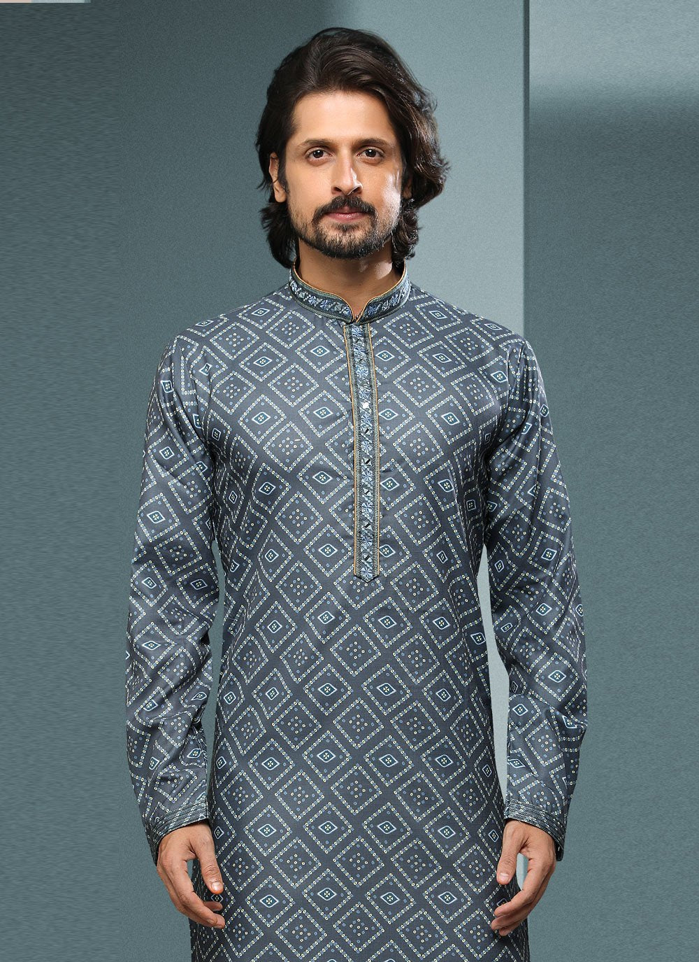 Dhoti Kurta Handloom Cotton Grey Digital Print Mens