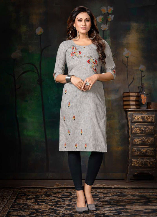 Designer Kurti Handloom Cotton Grey Embroidered Kurtis