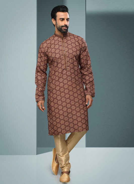 Kurta Pyjama Handloom Cotton Brown Digital Print Mens