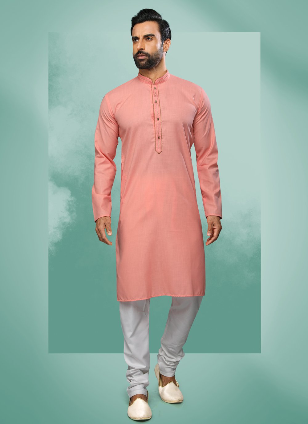 Kurta Pyjama Handloom Cotton Pink Embroidered Mens