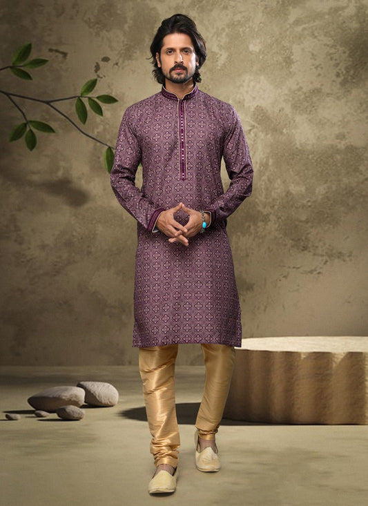 Kurta Pyjama Handloom Cotton Purple Digital Print Mens