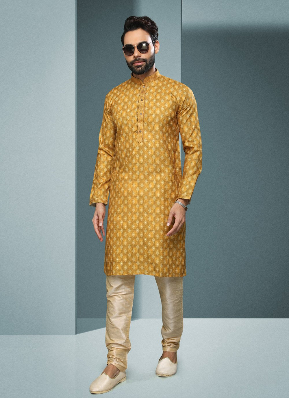 Kurta Pyjama Handloom Cotton Yellow Digital Print Mens