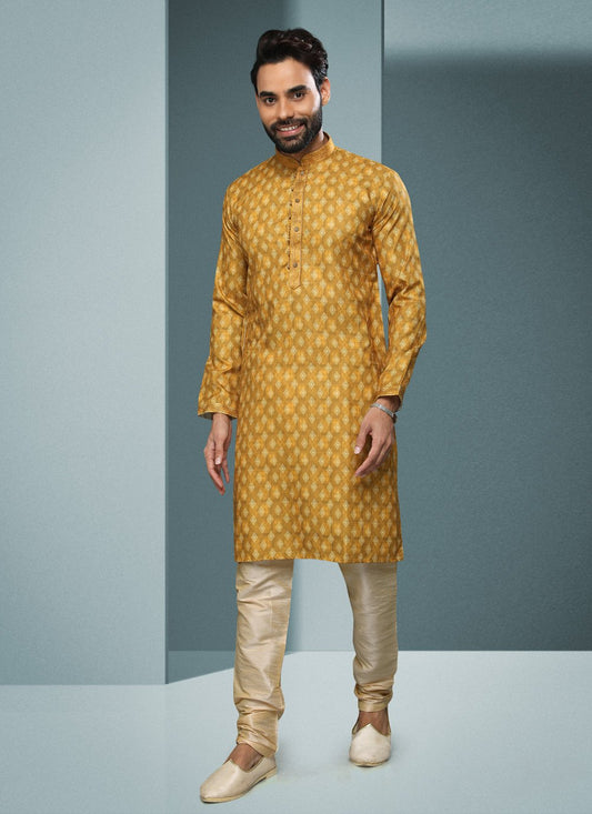 Kurta Pyjama Handloom Cotton Yellow Digital Print Mens