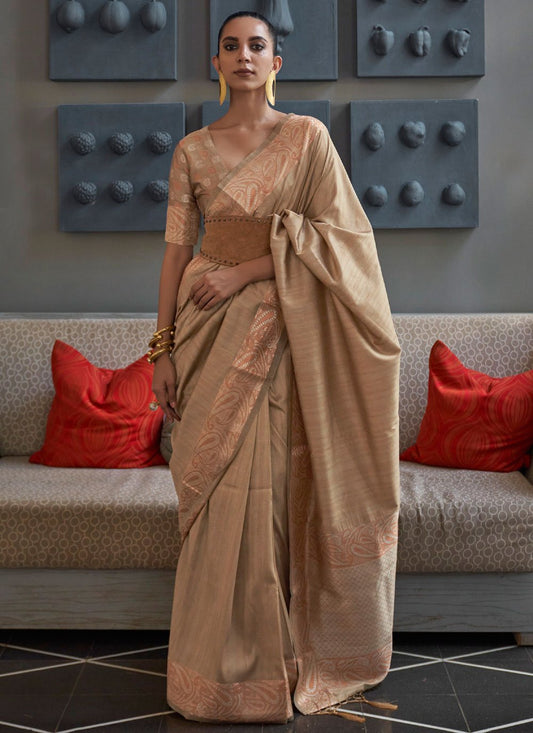 Contemporary Handloom Silk Beige Weaving Saree