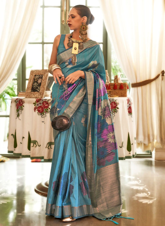 Classic Handloom Silk Blue Teal Zari Saree