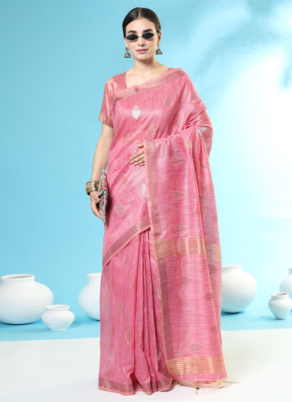 Classic Handloom Silk Pink Woven Saree