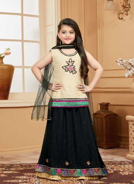 Lehenga Choli Handloom Silk Beige Embroidered Kids