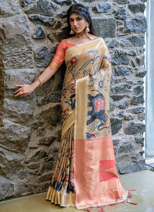 Classic Handloom Silk Tussar Silk Multi Colour Print Saree