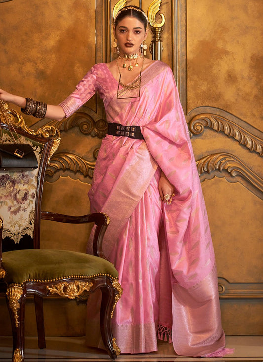 Trendy Saree Handloom Silk Satin Pink Weaving Saree