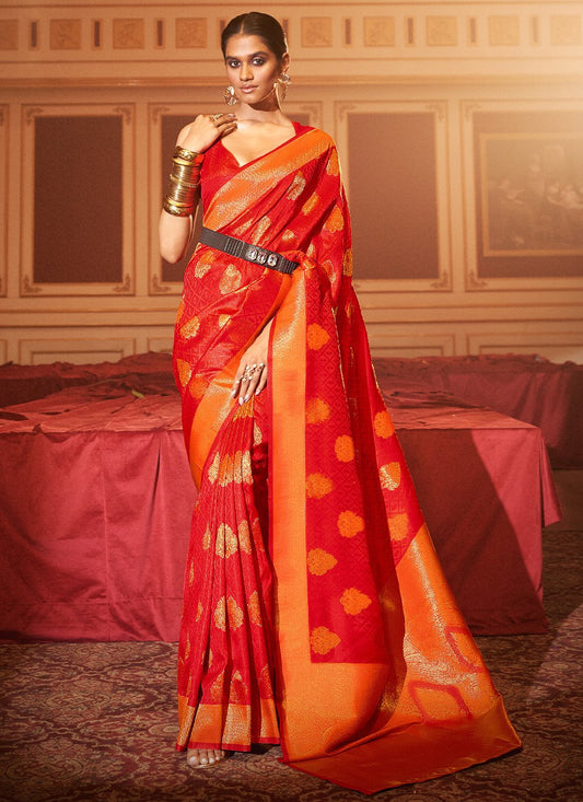 Classic Handloom Silk Orange Red Weaving Saree