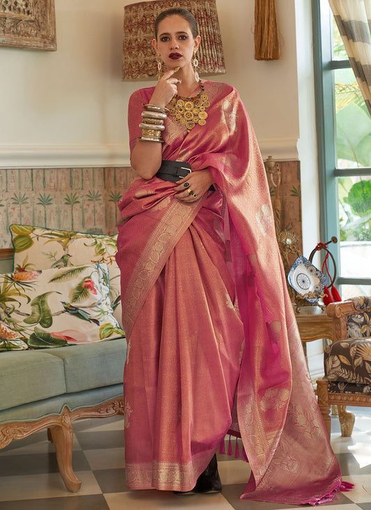 Bollywood Saree Handloom Silk Pink Weaving Saree