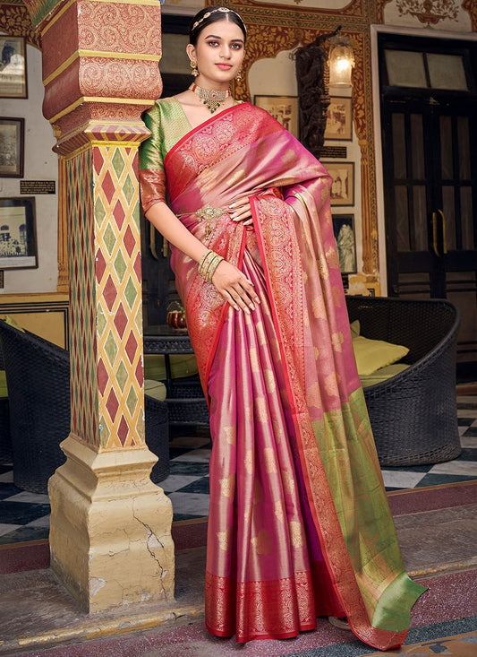 Trendy Saree Banarasi Silk Handloom Silk Tissue Magenta Weaving Saree