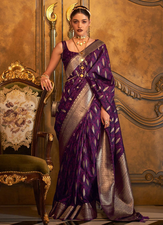 Trendy Saree Handloom Silk Satin Purple Weaving Saree