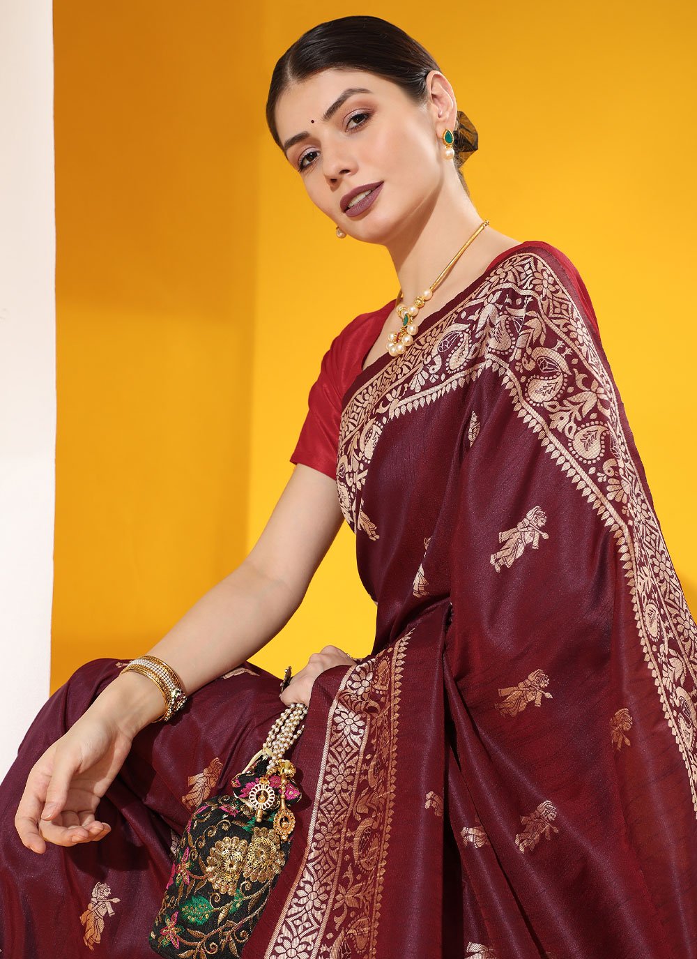 Classic Handloom Silk Wine Woven Saree