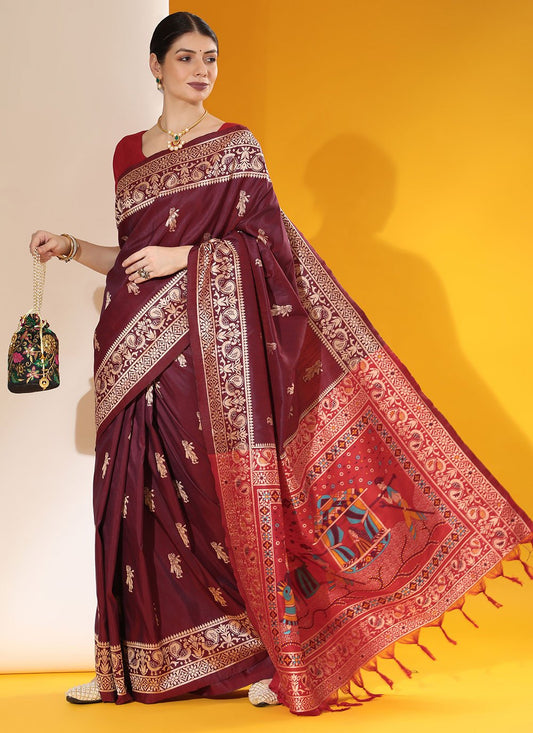 Classic Handloom Silk Wine Woven Saree