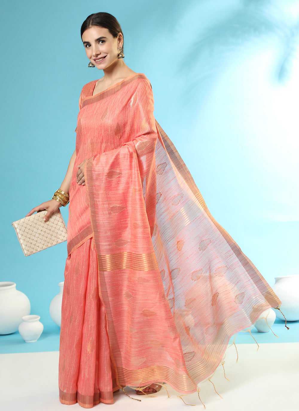 Contemporary Handloom Silk Peach Woven Saree