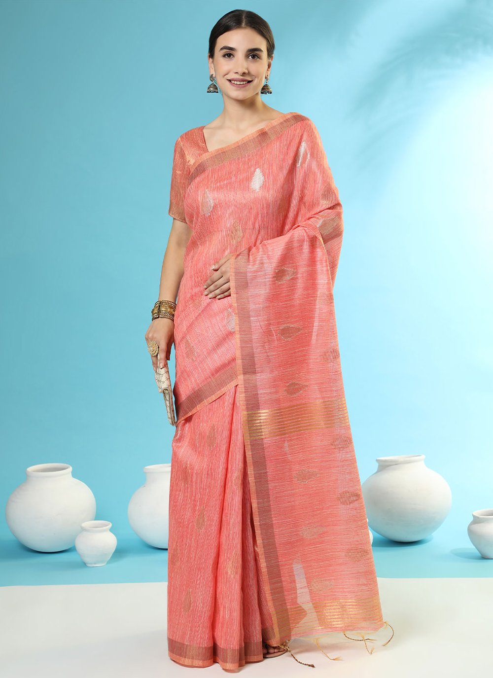 Contemporary Handloom Silk Peach Woven Saree