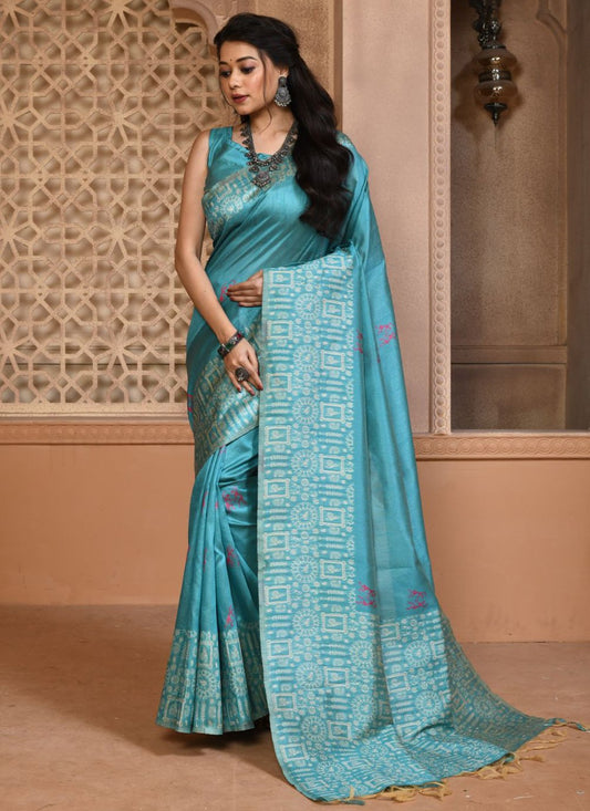 Contemporary Handloom Silk Aqua Blue Woven Saree