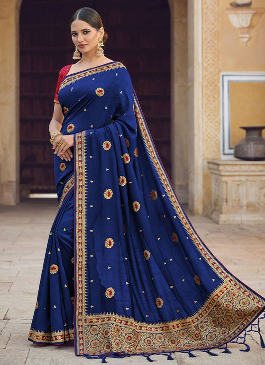 Contemporary Art Silk Blue Embroidered Saree