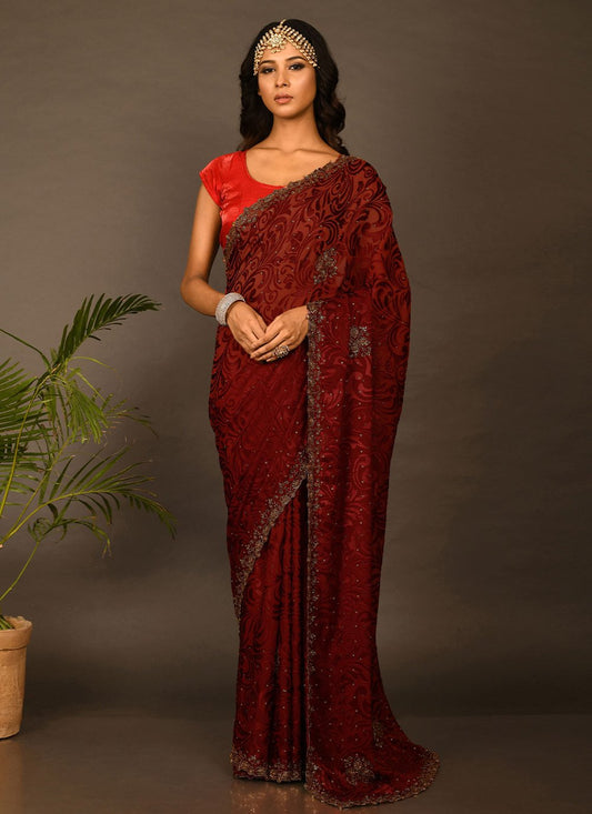 Traditional Saree Brasso Red Embroidered Saree