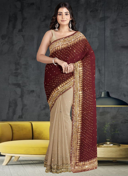 Contemporary Georgette Brown Hand Work Saree