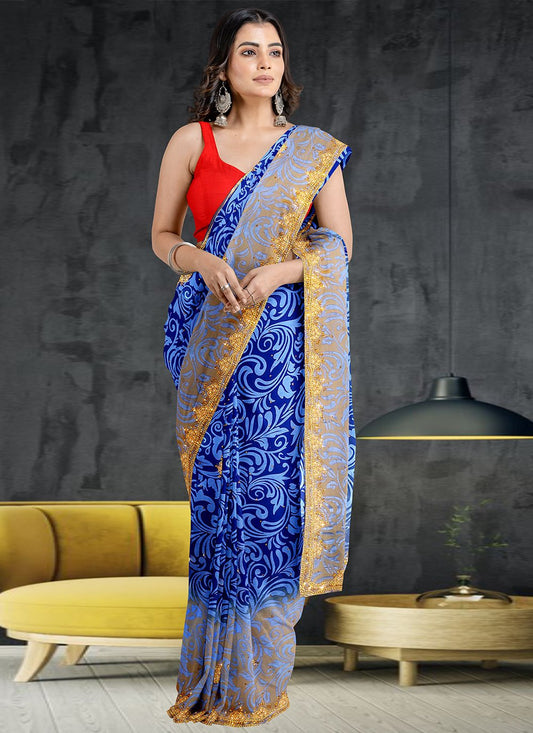 Contemporary Brasso Georgette Blue Hand Work Saree