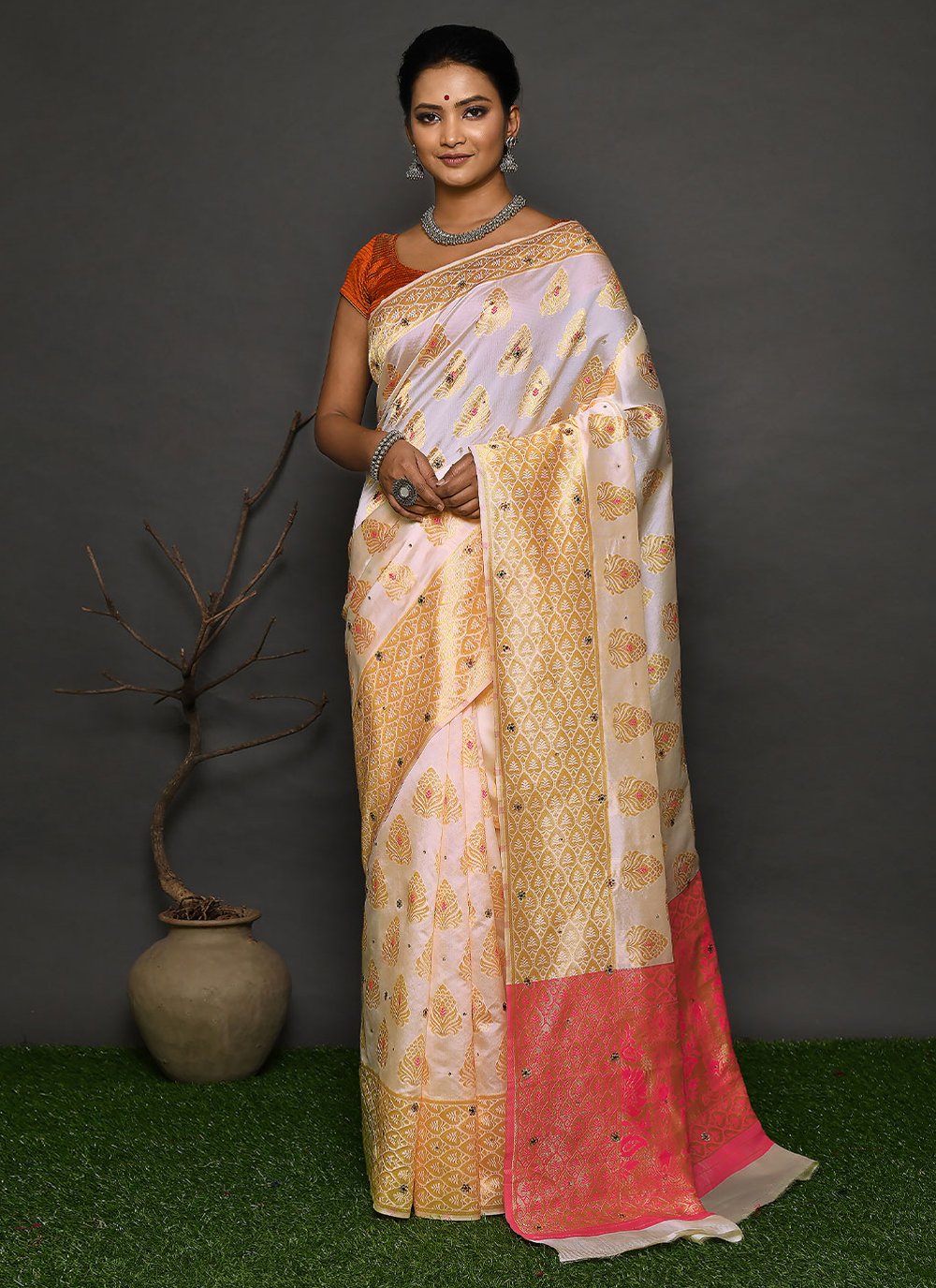 Contemporary Kanjivaram Silk Off White Hand Work Saree