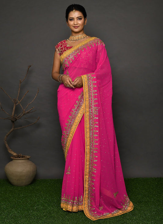 Contemporary Georgette Pink Hand Work Saree