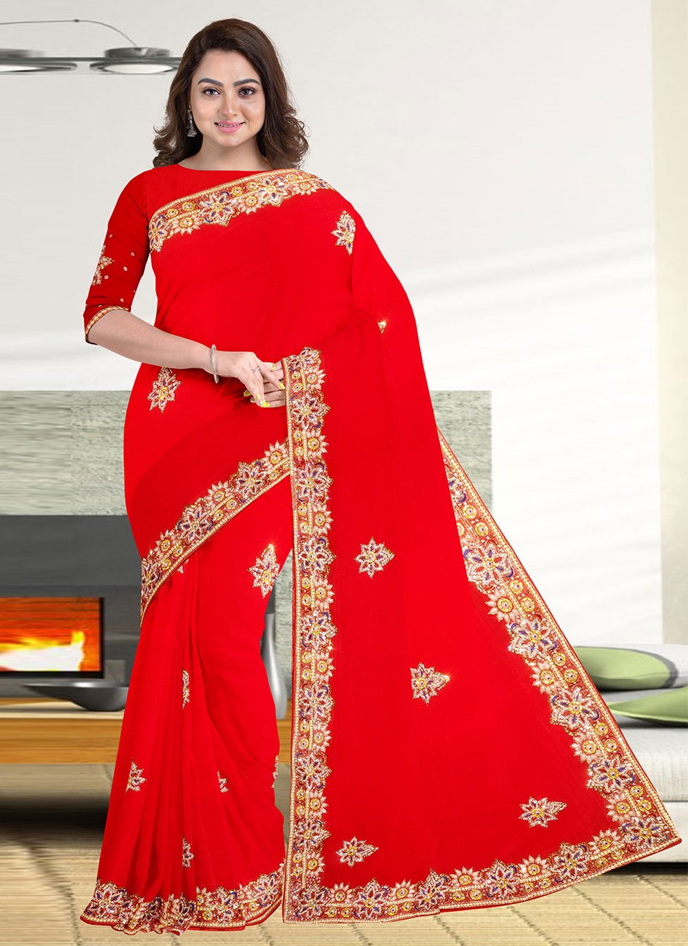 Classic Georgette Red Hand Work Saree