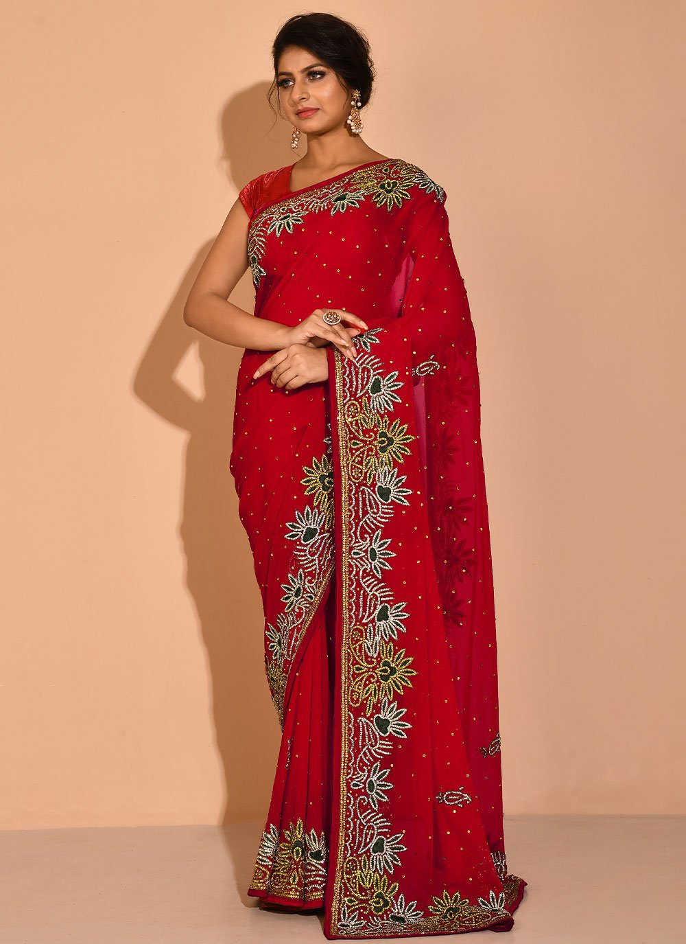 Traditional Saree Georgette Red Embroidered Saree