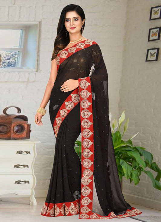 Trendy Saree Georgette Black Hand Work Saree