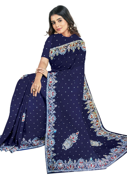 Trendy Saree Georgette Blue Hand Work Saree