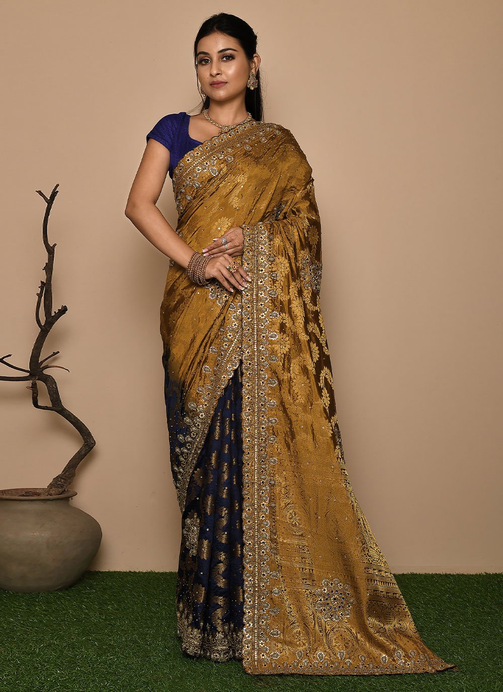 Contemporary Kanjivaram Silk Gold Hand Work Saree