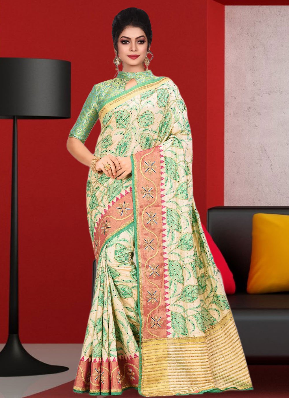 Contemporary Kanjivaram Silk Cream Hand Work Saree