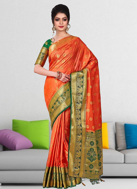 Silk Saree Kanjivaram Silk Orange Hand Work Saree