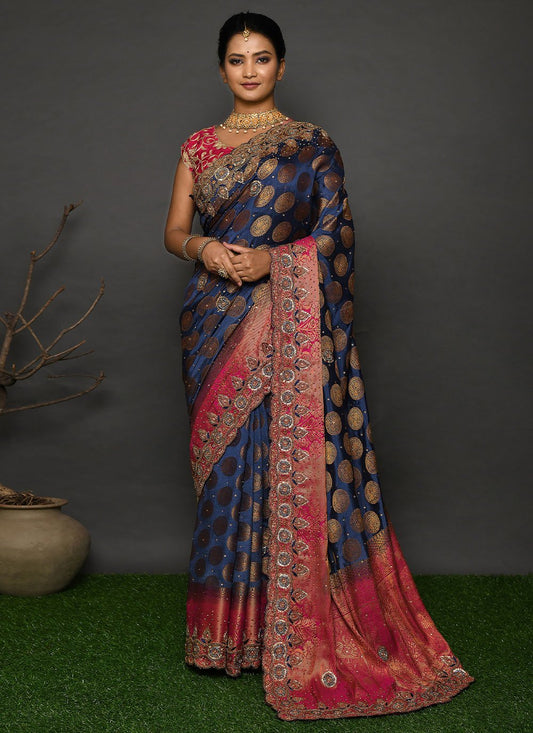 Trendy Saree Kanjivaram Silk Blue Hand Work Saree