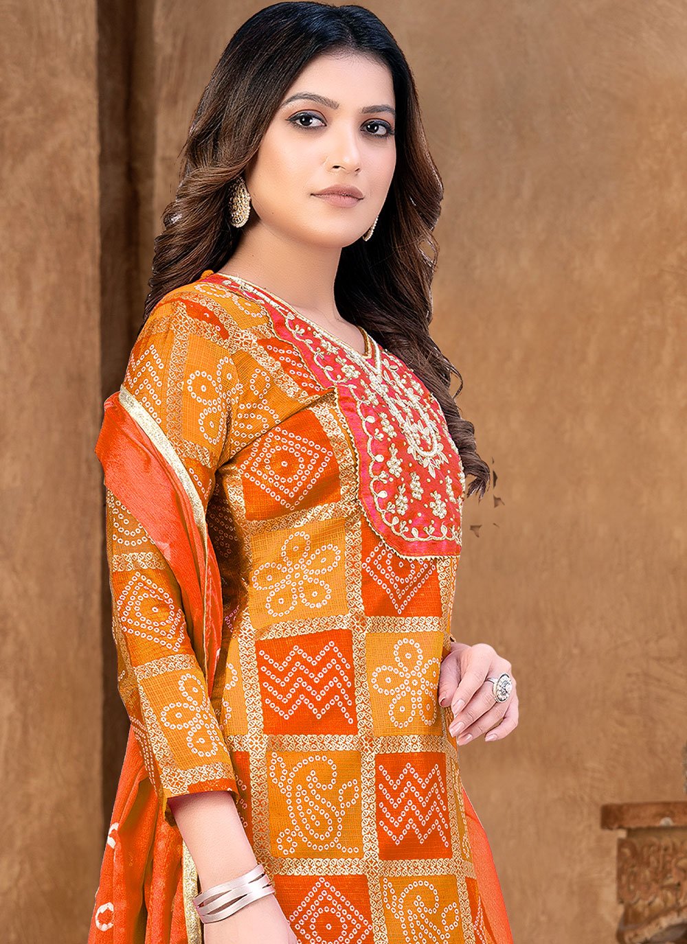 Palazzo Salwar Suit Fancy Fabric Orange Hand Work Salwar Kameez