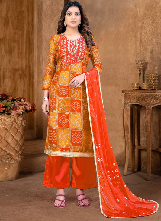 Palazzo Salwar Suit Fancy Fabric Orange Hand Work Salwar Kameez
