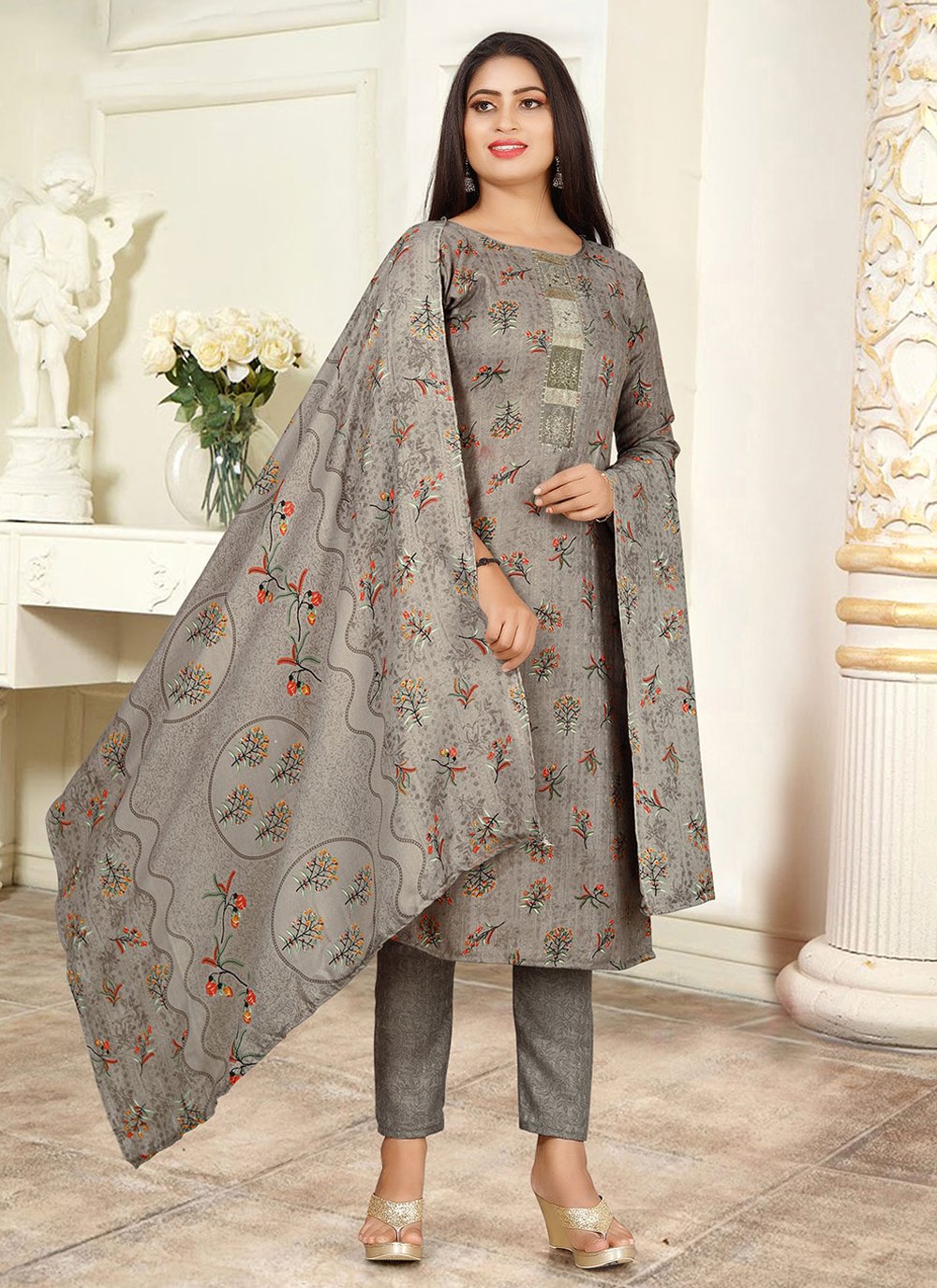 Salwar Suit Pashmina Grey Hand Work Salwar Kameez