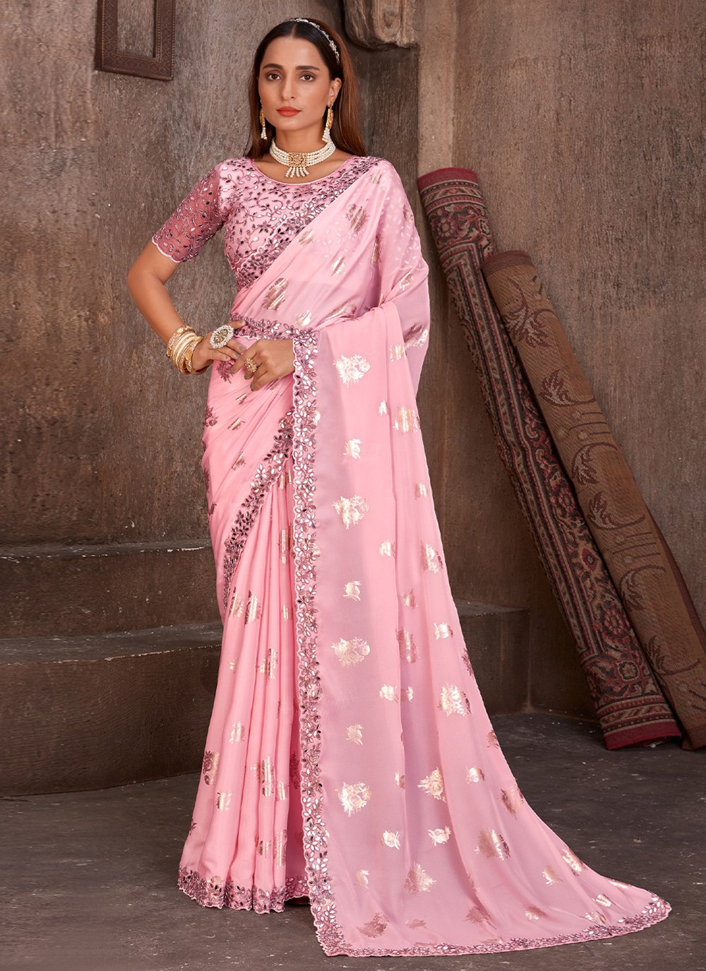 Classic Foil Silk Pink Cord Work Saree