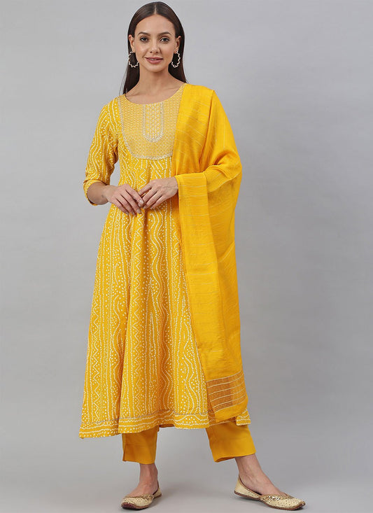 Pant Style Suit Rayon Yellow Hand Work Salwar Kameez