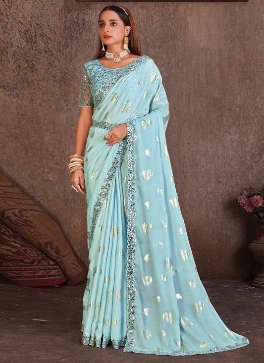 Classic Foil Silk Aqua Blue Cord Work Saree