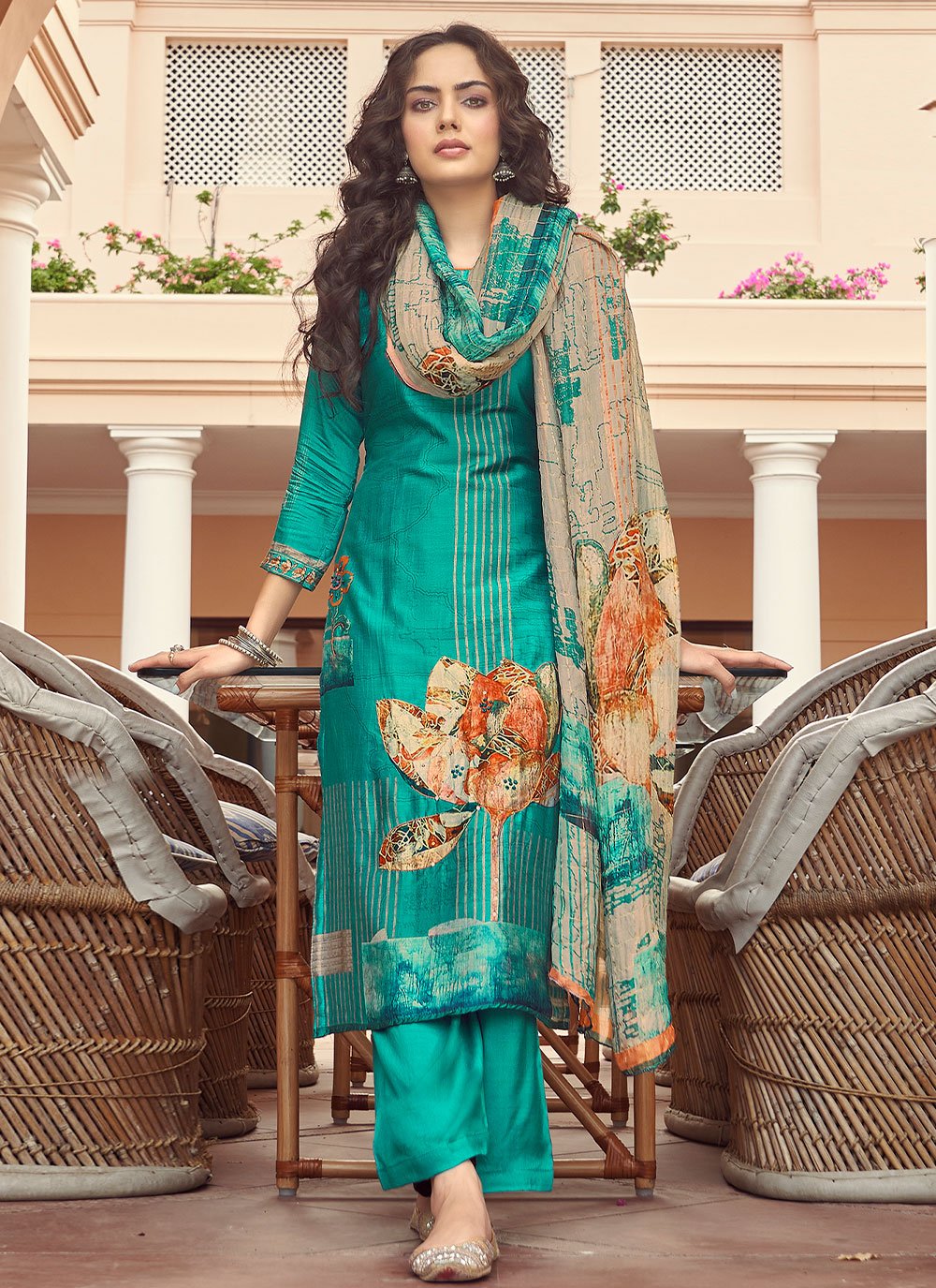 Salwar Suit Silk Viscose Sea Green Digital Print Salwar Kameez