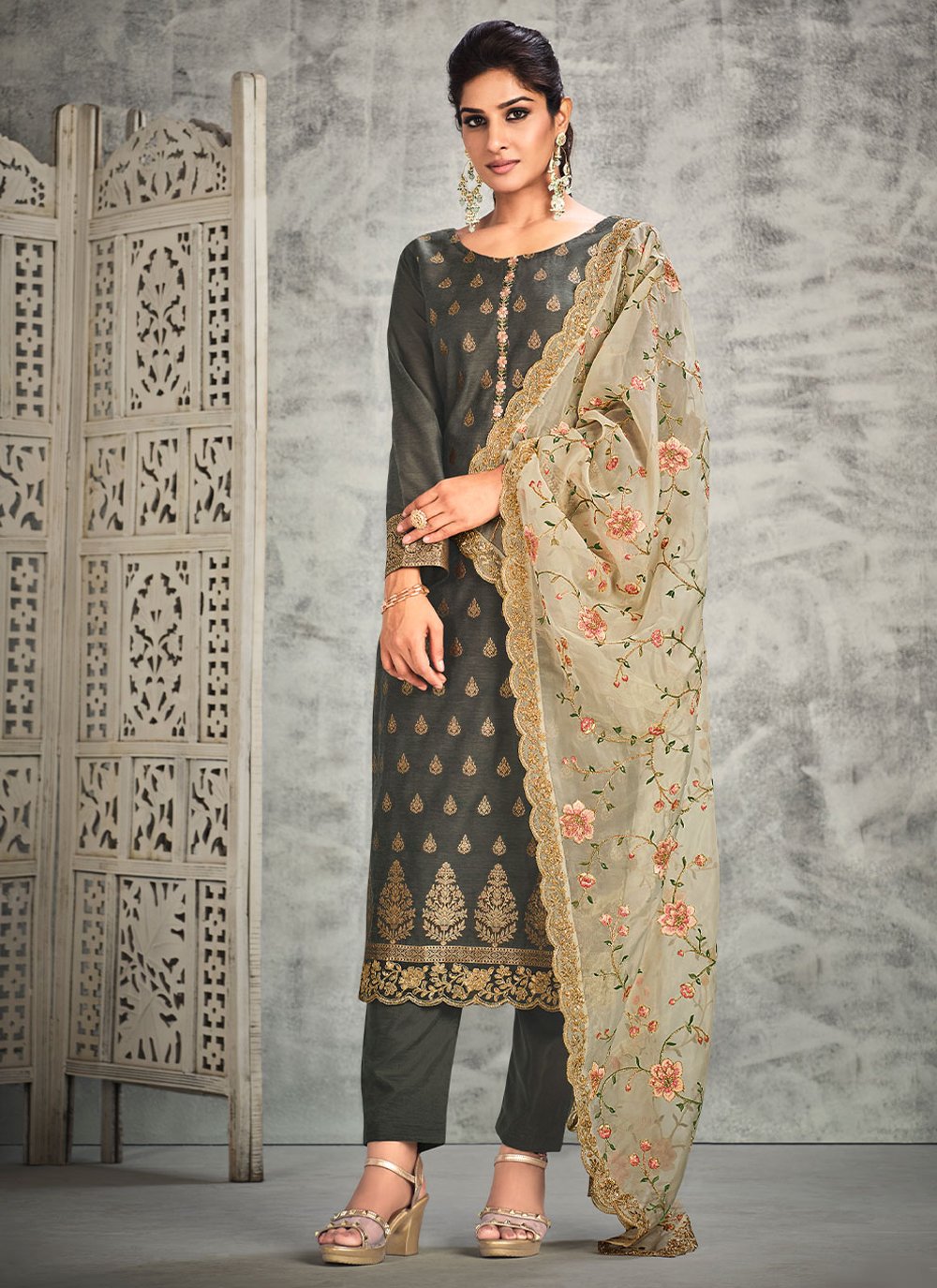 Straight Salwar Suit Organza Silk Grey Hand Work Salwar Kameez